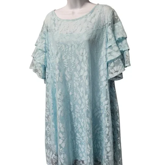 Lane Bryant Dress 18 Blue Lace Ruffle Sleeve Below Knee Pullover Sheath Floral - Picture 2 of 14